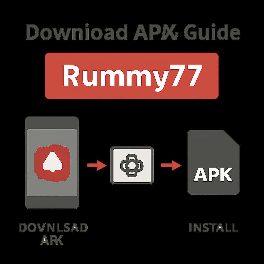 Illustration explaining download and installation steps for Rummy77 APK.
