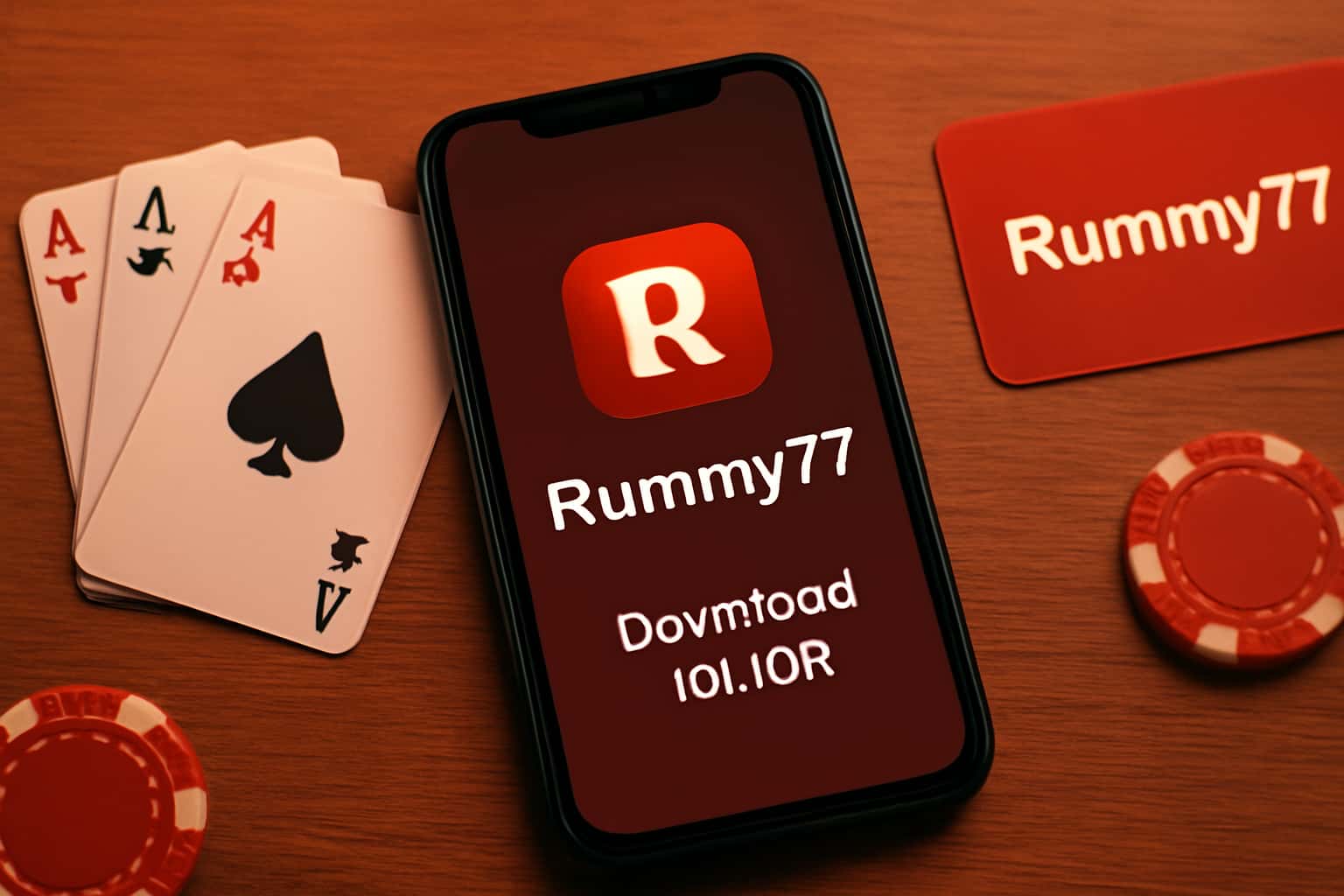Informative graphic illustrating the download process for Rummy77 on iOS.