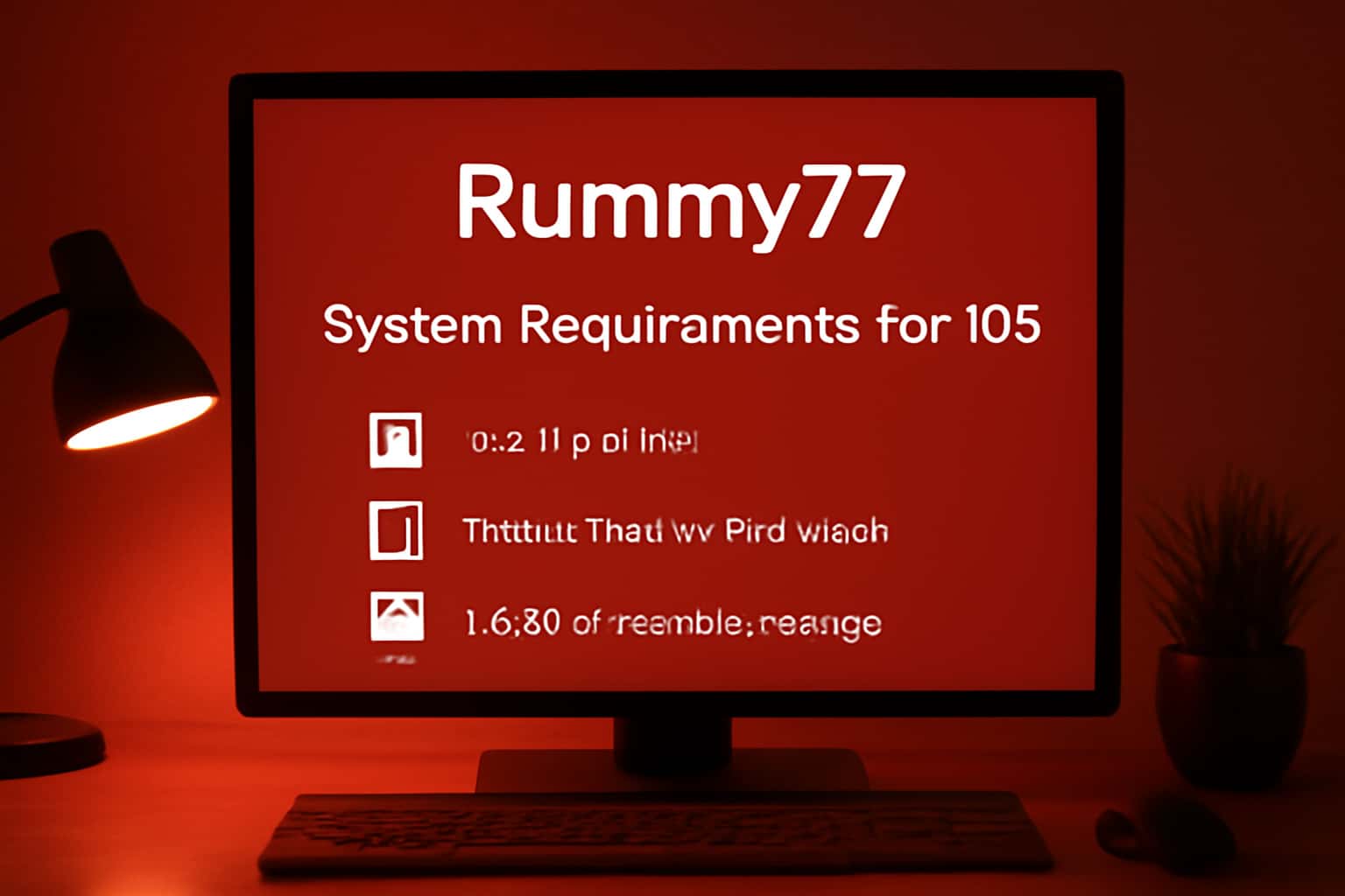 Informational scene displaying system requirements for Rummy77 on iOS, featuring prominent text.